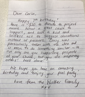 A note to Carla from The Walker Family